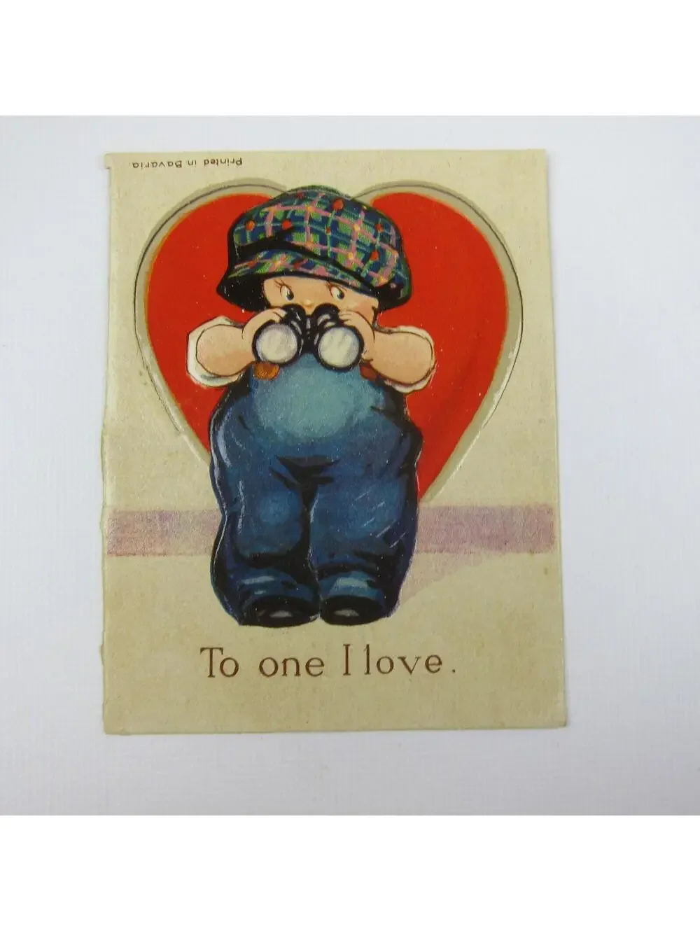 Vintage Valentine Card Cutout Stand Up Boy Binoculars Plaid Hat Overall UNSIGNED